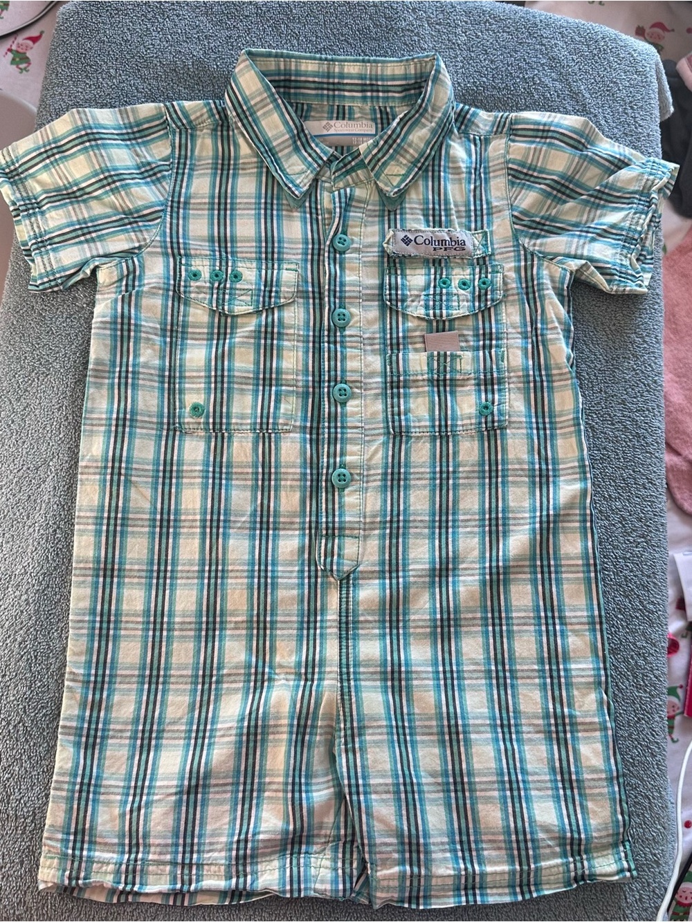 Columbia Teal and Cream Plaid Short-Sleeve Button Romper